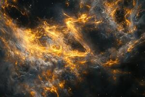 Abstract cosmic background with swirling golden and grey nebulae against a dark starry sky. photo