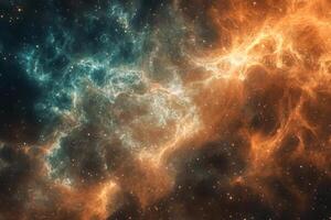 Abstract cosmic nebula with blue and orange swirling clouds. photo