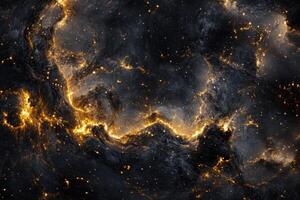Abstract cosmic nebula with golden fire-like formations against a black background. photo