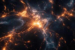 Abstract cosmic nebula with glowing orange and blue light. photo