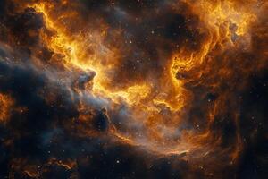 A swirling nebula with bright orange clouds against a dark starry background. photo