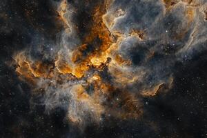 A swirling nebula with bright yellow and orange gas clouds against a dark starry background. photo
