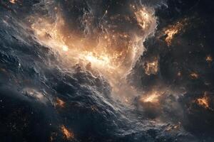 A swirling nebula with bright, golden light emanating from its center. photo