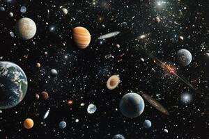 A vast and chaotic cosmic scene filled with planets, stars, galaxies, and nebulae. photo