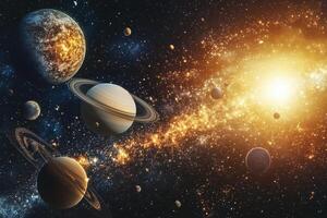 A vibrant and colorful solar system with planets, stars, and a bright sun. photo