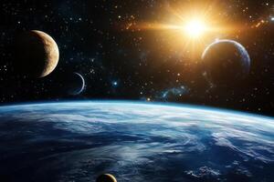 A vibrant blue planet with a bright sun and three other planets in the distance. photo