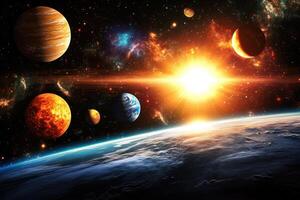 A vibrant, colorful illustration of a planetary system with a bright sun, nebulae, and multiple planets, as viewed from Earth's orbit. photo