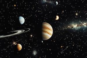 A vibrant and colorful depiction of planets, stars, and the Milky Way Galaxy. photo