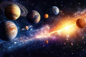 A vibrant, colorful illustration of the solar system with planets, a sun, and a galaxy. photo