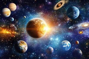 A vibrant cosmic scene with planets, stars, galaxies, and a sunburst. photo