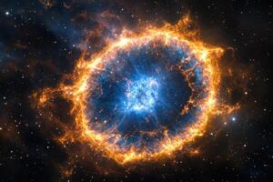 A vibrant, colorful nebula with a bright blue core surrounded by a fiery orange ring. photo