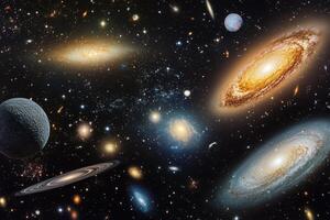 A vibrant cosmic scene with galaxies, stars and planets in a dark, swirling nebula. photo
