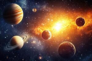 A vibrant depiction of a solar system, with a bright star at the center and planets in orbit. photo