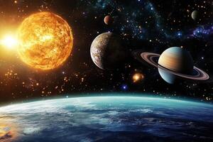 A vibrant depiction of our solar system with a shining sun, planets, and stars. photo