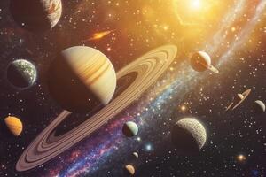A vibrant illustration depicting a solar system with planets, rings, stars, and a bright sun. photo