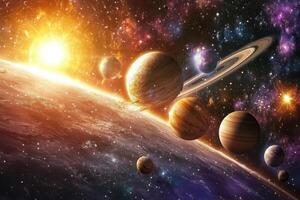 A vibrant image of a solar system with a bright sun and planets. photo