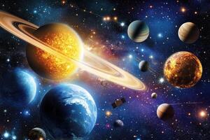 A vibrant illustration of the solar system with planets, stars, and a spacecraft. photo