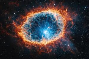 A vibrant nebula with a bright blue core and fiery orange edges against a black starry background. photo