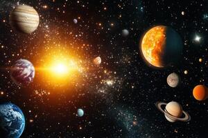 A vibrant illustration of the solar system with a glowing sun and planets. photo