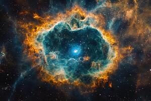 A vibrant nebula with a bright blue star at its center. photo