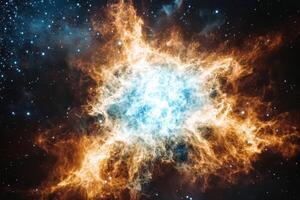 A vibrant nebula with a bright core and swirling gas clouds against a backdrop of stars. photo