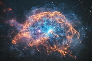 A vibrant nebula with a central star and swirling, colorful gases. photo