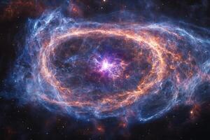 A vibrant nebula with a bright core and swirling gas clouds. photo