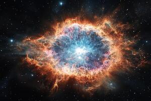 A vibrant nebula with a glowing core surrounded by swirling gases in a dark space. photo