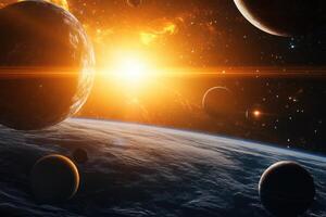 A vibrant star system with multiple planets and a blazing sun. photo