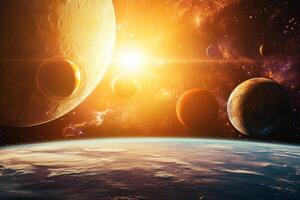 A vibrant star system with several planets. photo