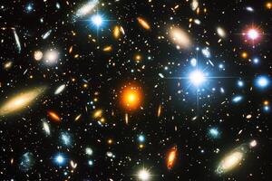 A vibrant, star-studded galaxy cluster with countless stars and galaxies scattered throughout. photo