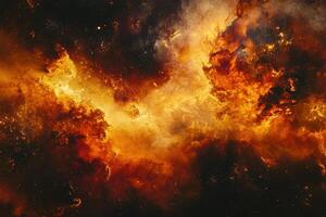 Abstract fiery nebula in space with glowing orange and red colors and a dark starry background. photo