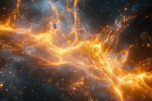 Abstract fiery cosmic nebula with glowing particles in dark space. photo
