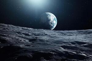 Earthrise over a desolate, cratered lunar landscape. photo