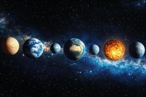 Planets in a line with the sun and the Milky Way in the background. photo