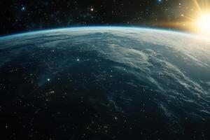 Earthrise with a bright sun shining from behind the planet. photo