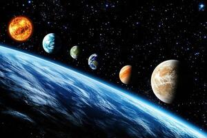 Planets in a solar system, with a burning star, seen from the surface of a blue planet. photo