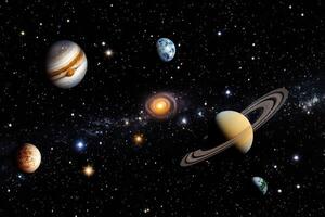 Planets in a starry sky with a sun in the background. photo