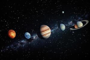 Planets aligned in space with the Milky Way galaxy in the background. photo