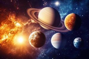 Planets in space with a bright star. photo