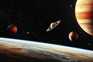 Planets in space with stars and a galaxy. photo