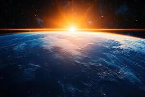 A sunrise over Earth as seen from space, with clouds and a bright sun. photo