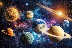 A vibrant illustration of the planets of our solar system, orbiting a bright sun against a backdrop of stars. photo