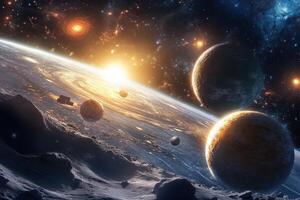 A vibrant sunrise over an icy planet with multiple moons and a distant galaxy. photo