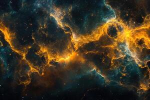 A vibrant nebula with swirling orange and blue gas clouds against a starry black backdrop. photo