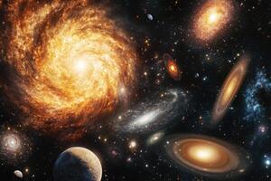 A vibrant, swirling galaxy dominates the cosmic landscape, surrounded by a tapestry of stars, planets, and other galaxies. photo