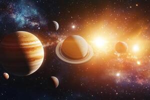 A vibrant view of the solar system with a bright sun in the background. photo