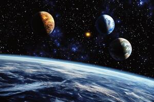 A vibrant view of four planets in a deep blue and star filled space. photo