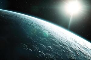 A view of a planet's horizon with a bright sun in the distance. photo