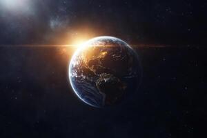 A view of Earth from space with a bright sun shining on the planet. photo